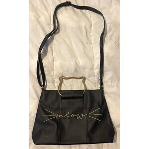 Black Purse Gold Meow Whiskers Crossbody Bag Metal Cat Handles Adjustable Strap